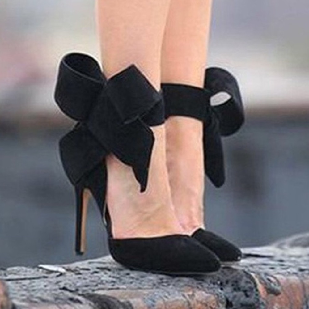 Black Faux Suede Pointed Toe Bow Stiletto Heels, 6